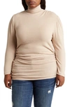 Renee C Turtleneck Long Sleeve Ruched Top In Taupe