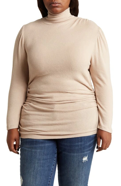Renee C Turtleneck Long Sleeve Ruched Top In Taupe