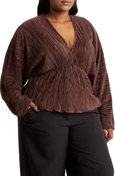 Renee C Plissé V-neck Top In Brown