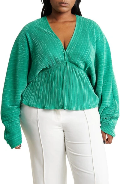 Renee C Plissé V-neck Top In Emerald Green