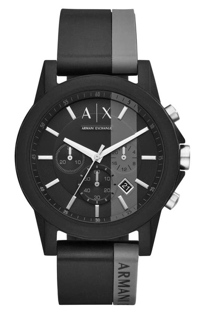 Armani Exchange Chronograph Stripe Silicone Strap Watch, 45mm In Grey/ Black