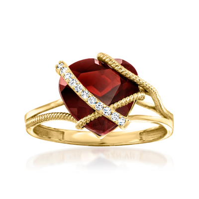 Ross-simons Garnet Heart Ring With Diamond Accents In 14kt Yellow Gold In Red