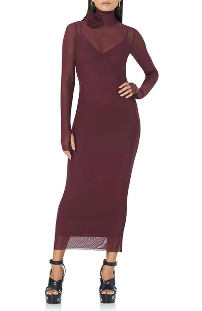 Afrm Shailene Rosette Long Sleeve Sheer Dress In Fig