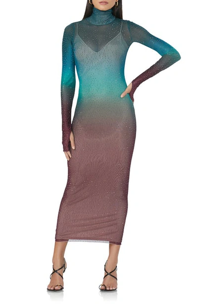 Afrm Shailene Rhinestone Long Sleeve Sheer Dress In Brown