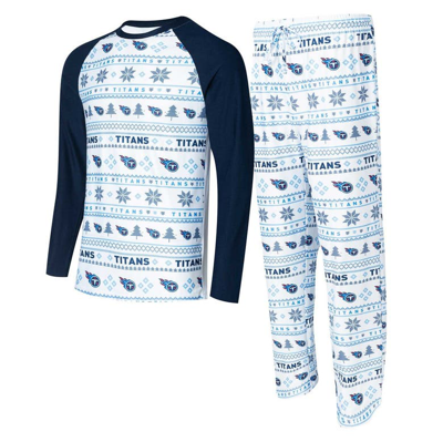 Concepts Sport Men's  White, Navy Tennessee Titans Tinsel Raglan Long Sleeve T-shirt And Pants Sleep In White,navy