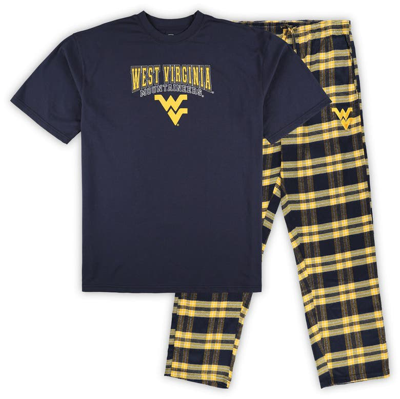 Profile Men's  Navy Distressed West Virginia Mountaineers Big And Tall 2-pack T-shirt And Flannel Pan