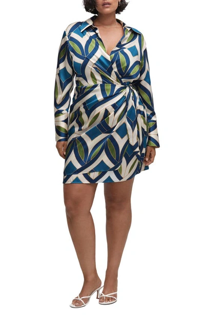 Mango Long Sleeve Satin Faux Wrap Dress In Blue