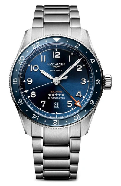 Longines Men's Swiss Automatic Spirit Zulu Time Stainless Steel Bracelet Watch 42mm In Silver And Blue Ceramic Bezel