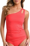 La Blanca Island Goddess Ruched One-shoulder Tankini Top In Guava