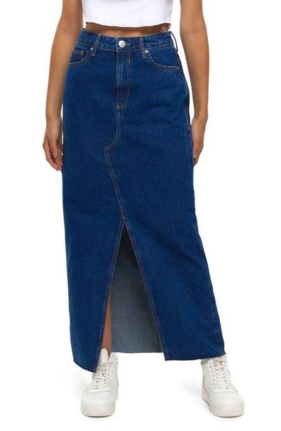 River Island Front Slit Denim Maxi Skirt In Blue