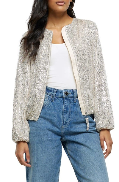 River Island Sequin Bomber Jacket In Silver