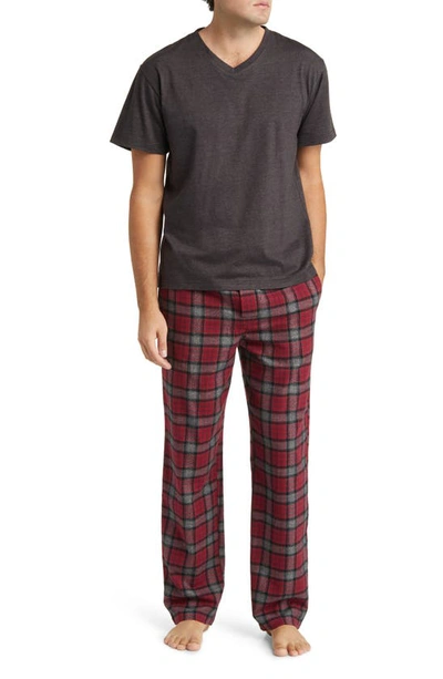 Majestic V-neck T-shirt & Flannel Pyjama Trousers Set In Red/ Grey