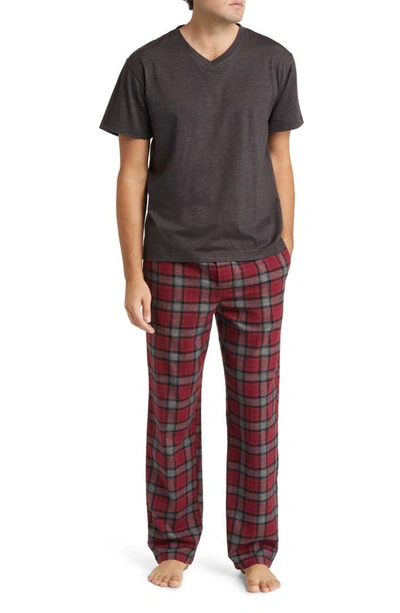 Majestic International V-neck T-shirt & Flannel Pajama Pants Set In Red/ Grey