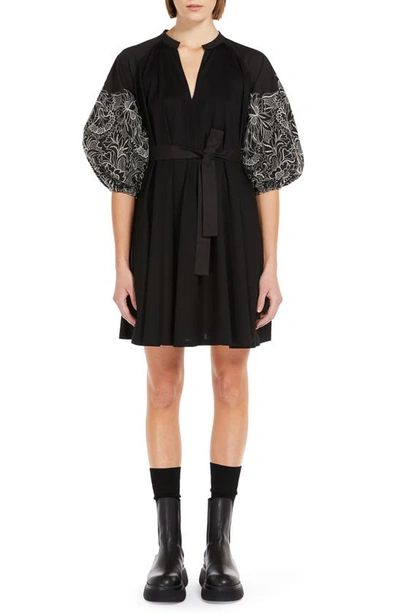 Weekend Max Mara Embroidered Puff Sleeve Cotton Dress In Black