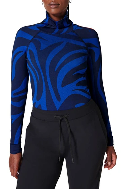 Sweaty Betty Animal Funnel Neck Base Layer Top In Blue Animal Flow Jacquard