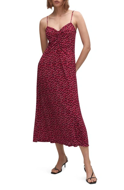 Mango Ruched Detail Flower Dress Red