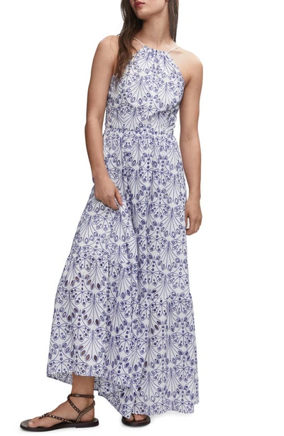 Mango Embroidered Halter Neck Dress Blue