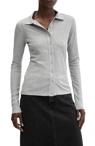 Mango Polo Long Sleeve Rib Top In Grey