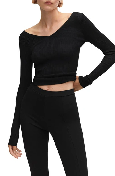 Mango V-neck Rib Crop Sweater In Black