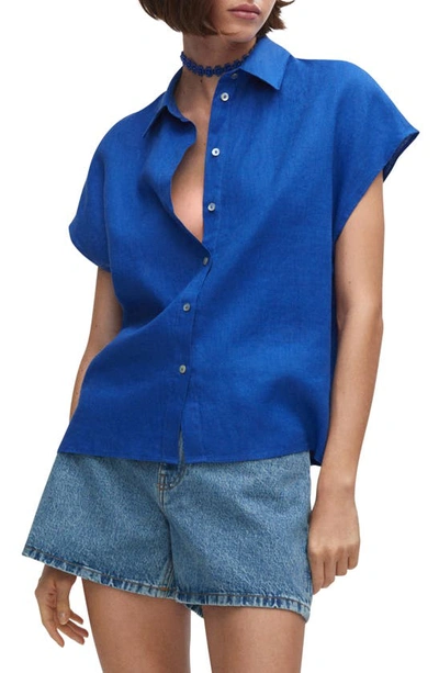 Mango Short Sleeve Linen-blend Shirt Blue