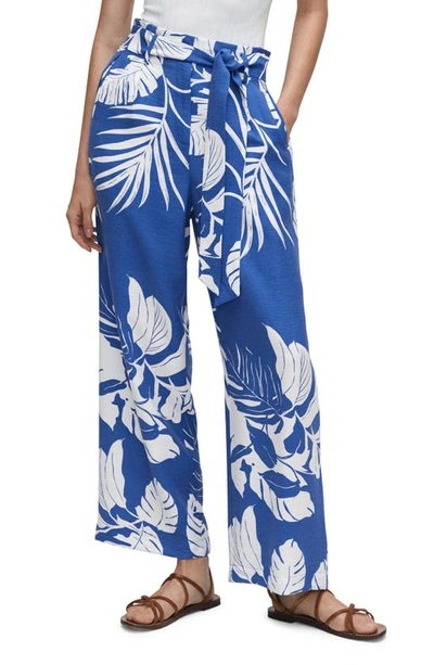Mango Tropical Print Wide Leg Paperbag Pants In Blue