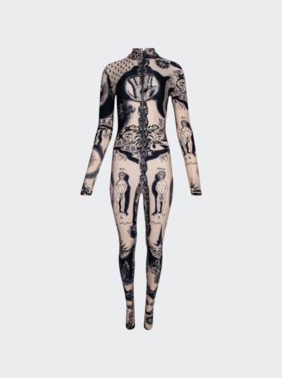 Jean Paul Gaultier Beige Graphic Jumpsuit In Nude And Navy