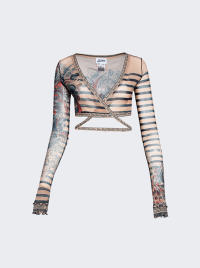 Jean Paul Gaultier Mariniere Tattoo V-neck Top In Nude And Blue