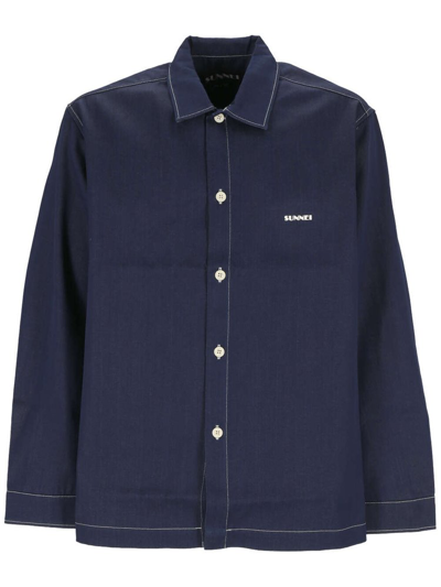 Sunnei Logo Embroidered Buttoned Shirt In Blue