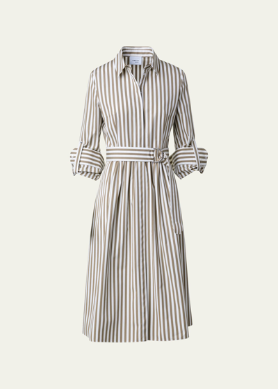 Akris Punto Kodak Stripe Belted Cotton Popeline Shirtdress In Sage Cream