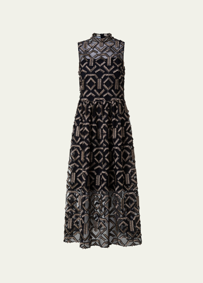 Akris Punto Gold Fringe Embroidered Tulle Midi Dress In Black Gold