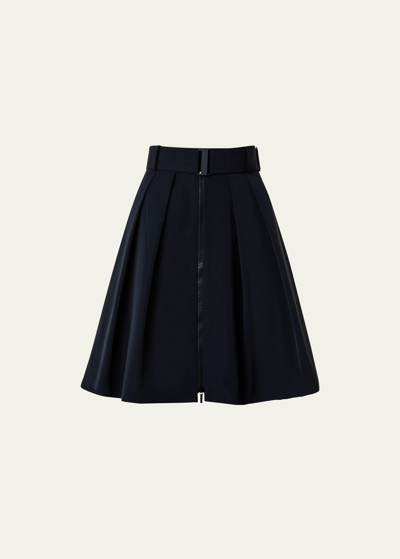 Akris Punto Pleated Taffeta Front-zip Skirt With Belt In Black
