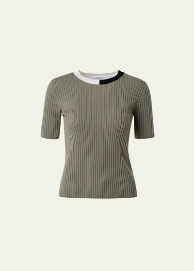 Akris Punto Ribbed Knit Wool Top With Colorblock Collar In Sage Cream