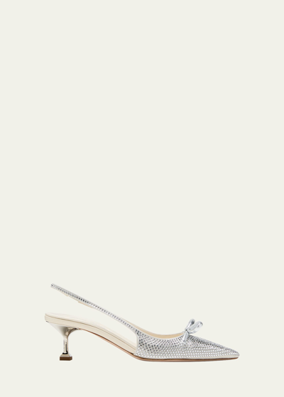 Miu Miu Crystal Bow Slingback Ballerina Pumps In Perla