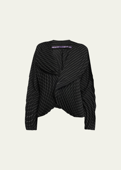 Issey Miyake Curved Pleats Stripe Shawl Cardigan In Black-hued