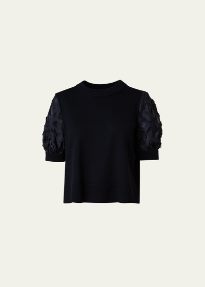Akris Punto Wool Knit Top With Embroidered Bishop Sleeves In Black