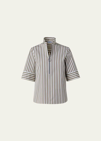 Akris Punto Kodak Striped Cotton Popeline Short-sleeve Zip Shirt In Sage Cream