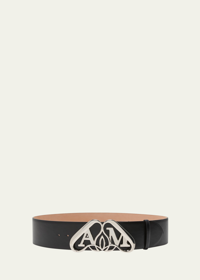 Alexander Mcqueen Wide Leather Belt With Silver Logo Detail In Black