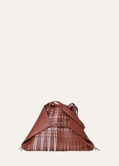 Akris Ai Medium Laser-cut Woven Fringe Shoulder Bag In Camelwhite