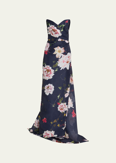 Monique Lhuillier Strapless Floral Gazar Gown With Train In Navy Multi
