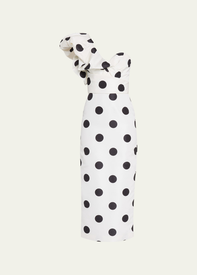 Monique Lhuillier One-shoulder Polka-dot Faille Midi Dress In Silk White Noir
