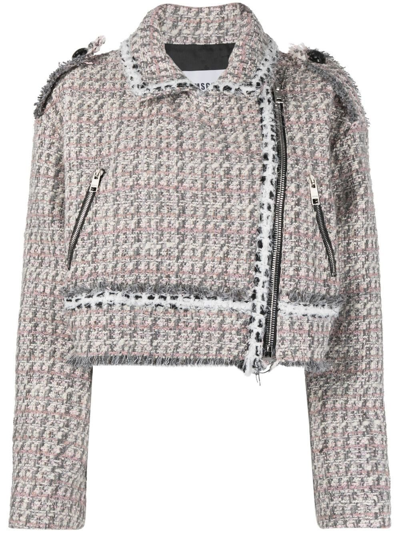 Msgm Cropped Tweed Biker Jacket In Multicolore