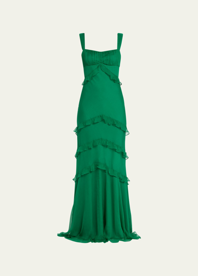 Saloni Chandra Floral Ruffled Gown In 198-emerald Green