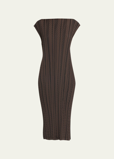 Issey Miyake Rope Stripe Pleats Body-con Midi Dress In Brown-hued