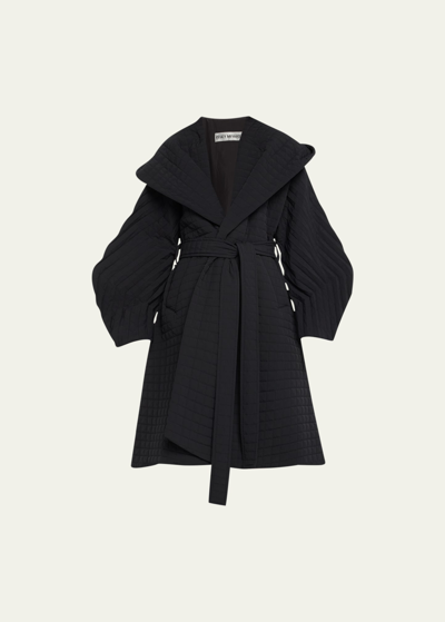 Issey Miyake Pleated Grid Hooded Self-tie Coat In 15-black