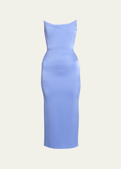 Alex Perry Satin Crepe Curved Strapless Midi Dress In Blue