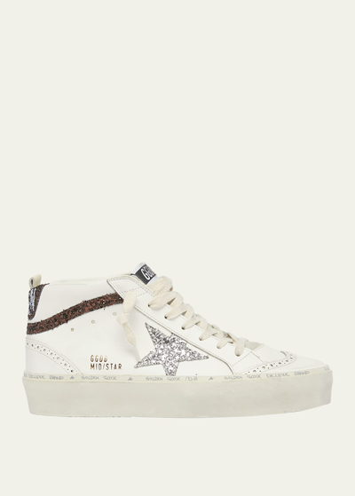 Golden Goose Mid Star Glitter Wing-tip Sneakers In White/silver/bro