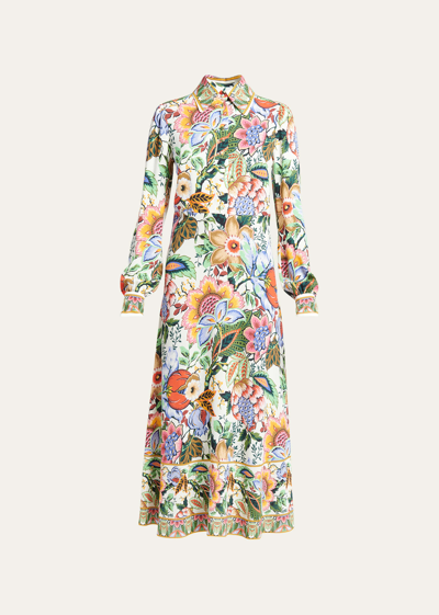 Etro Treee Of Life Cady Midi Button-front Shirt Dress In Print On White Ba