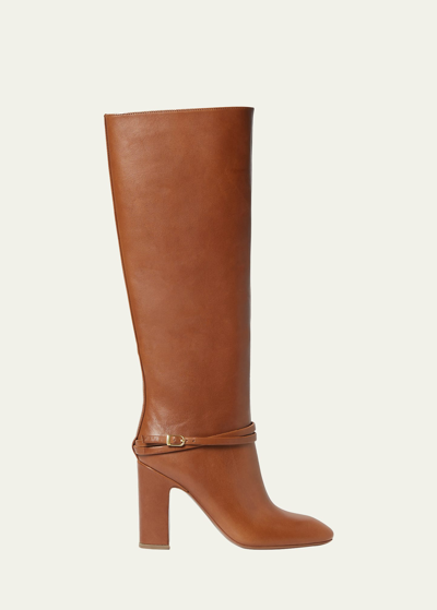 Loeffler Randall Solana Leather Buckle Knee Boots In Safari