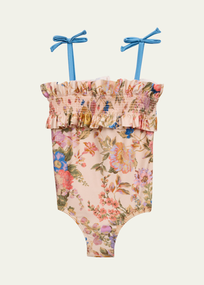 ZIMMERMANN GIRL'S AUGUST SHIRRED FLORAL-PRINT SWIMSUIT