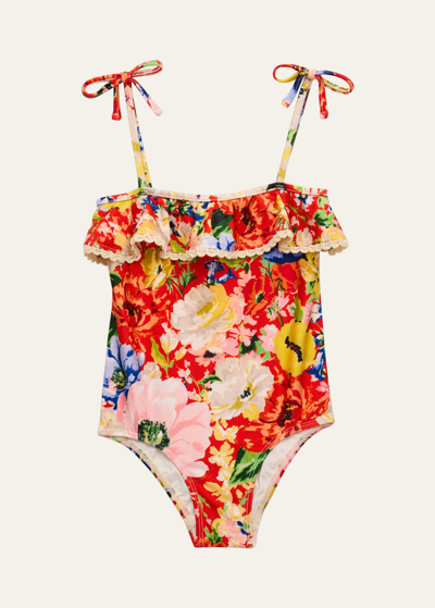 Zimmermann Kids' Girl's Alight Floral-print Frill One-piece Swimsuit In Multicoloured